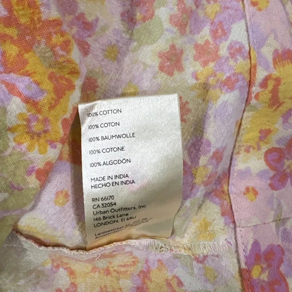 Free People James Top Womens M Yellow Floral Peasant Boho Smocked Button Front